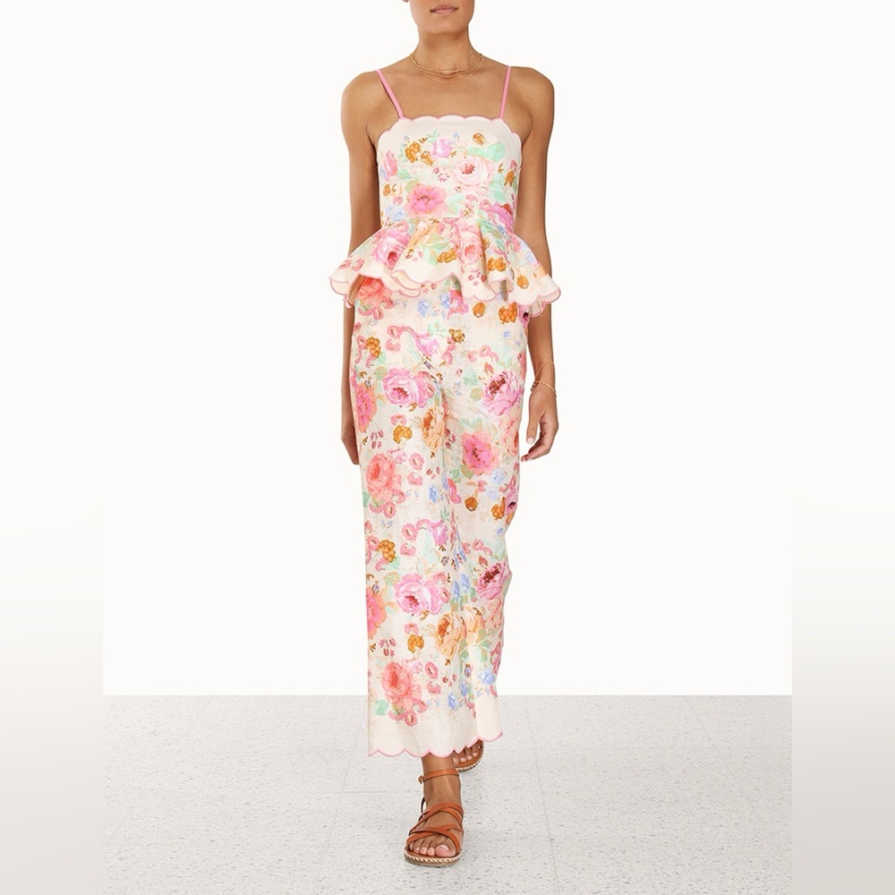 Zimmermann RAIE FLORAL-PRINT PEPLUM LINEN TOP IN PINK MULTI FLORAL size 1